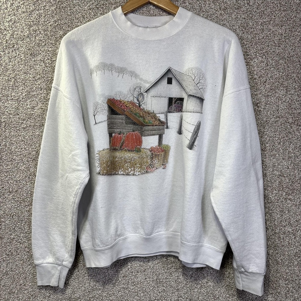 Vintage 90s Farm Scene Sweatshirt Mens Large White Fleece Crewneck Fall‎ Barn